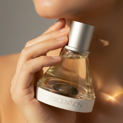 Hand holding a perfume bottle labeled 'Ascention' against a neutral background