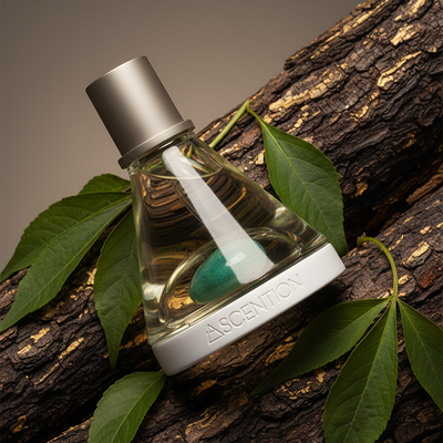 Perfume bottle labeled 'Ascention' on a wooden surface with leaves