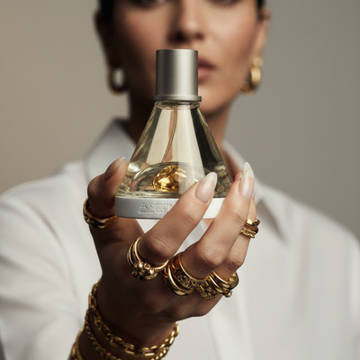 Woman holding a Ascent to courage perfume bottle with a neutral background
