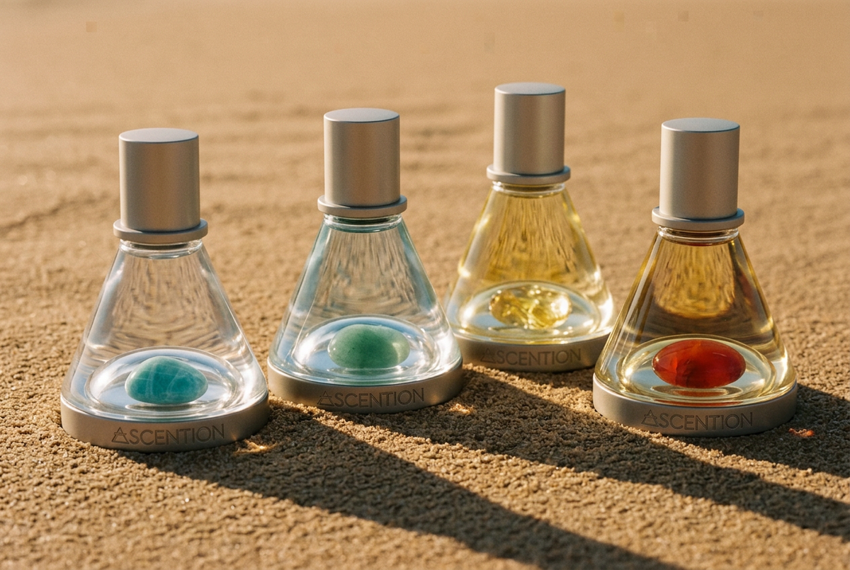 Four ASCENTION perfume bottles on sunlit sand, with engraved metal bases and visible inner crystal cavities containing amazonite, green aventurine, citrine, and carnelian.