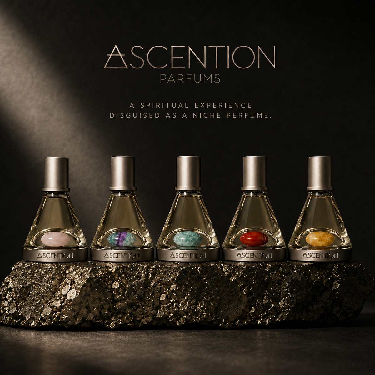 ASCENTION PARFUMS fragrance bottle, luxury ritual perfume imbued with crystals and intention