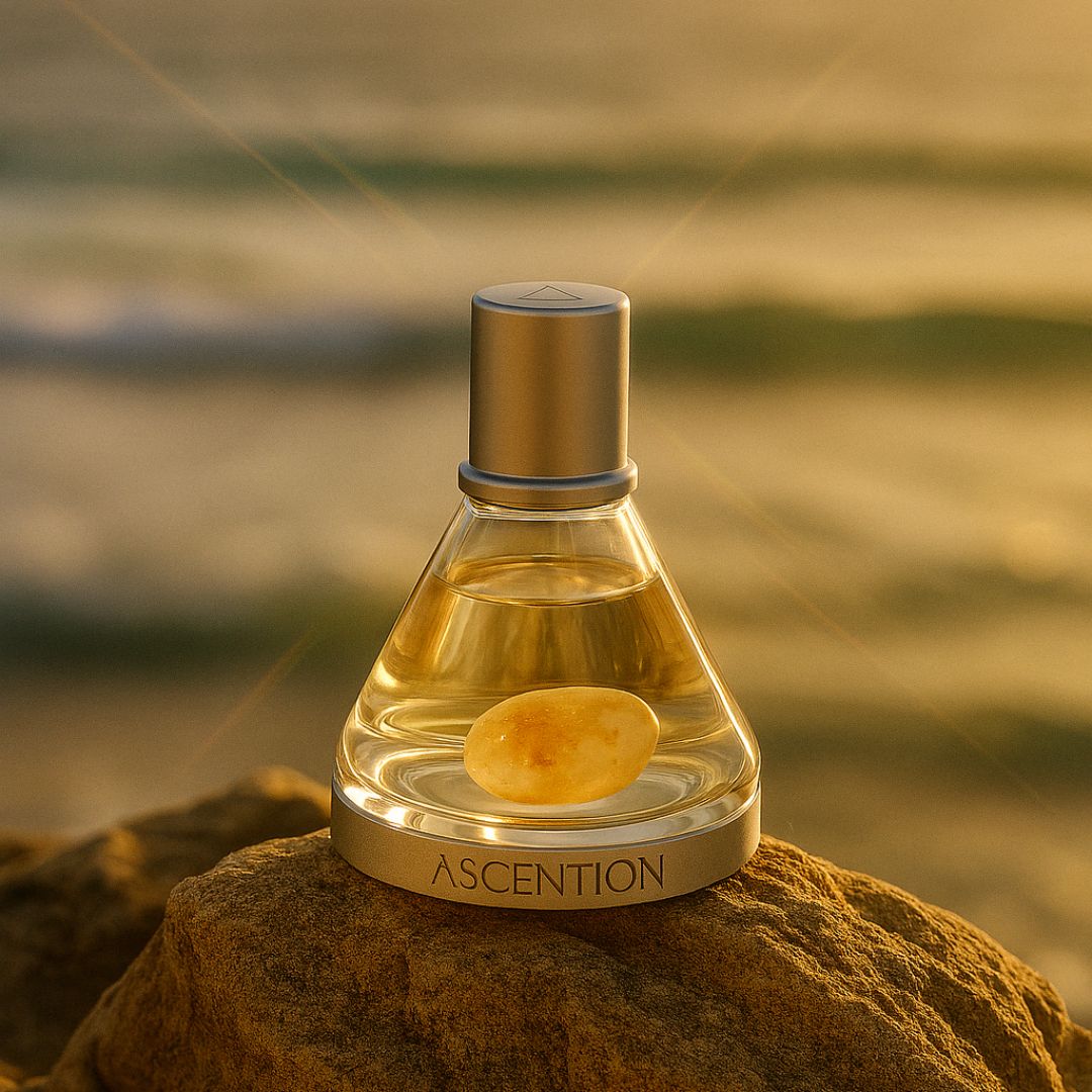 Ascent to Courage Perfume with Citrine on a cliff overlooking the water