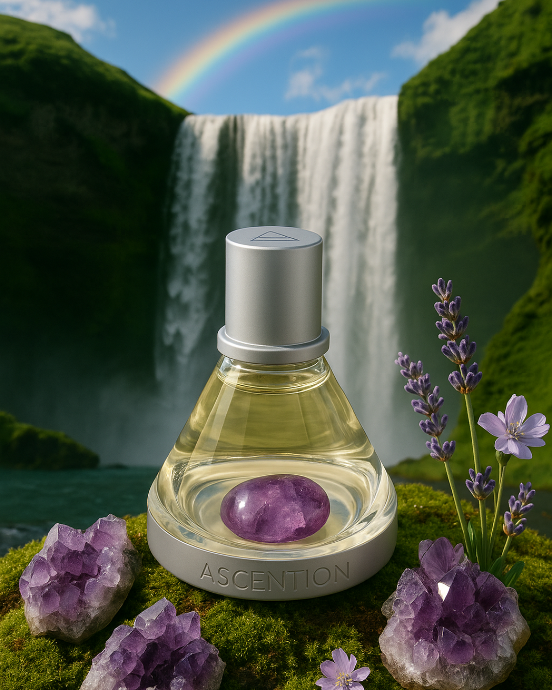 Ascent to Peace Perfume with Amethyst Crystal waterfall rainbow lush, amethyst