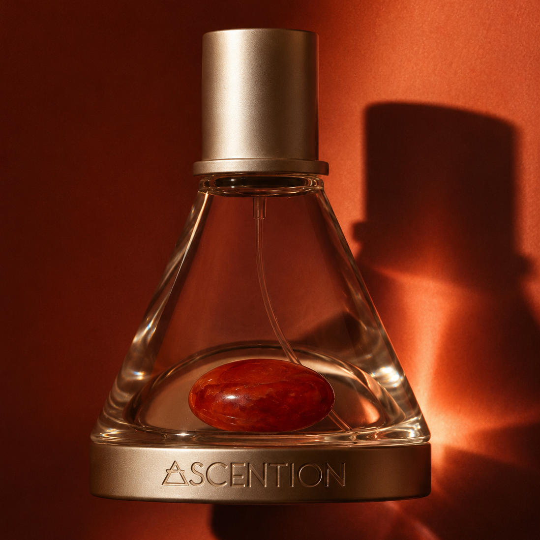 A clear glass perfume bottle with a metallic gold cap and base, featuring a polished red gemstone inside. The brand name 'ASCENTION' is embossed on the gold base.