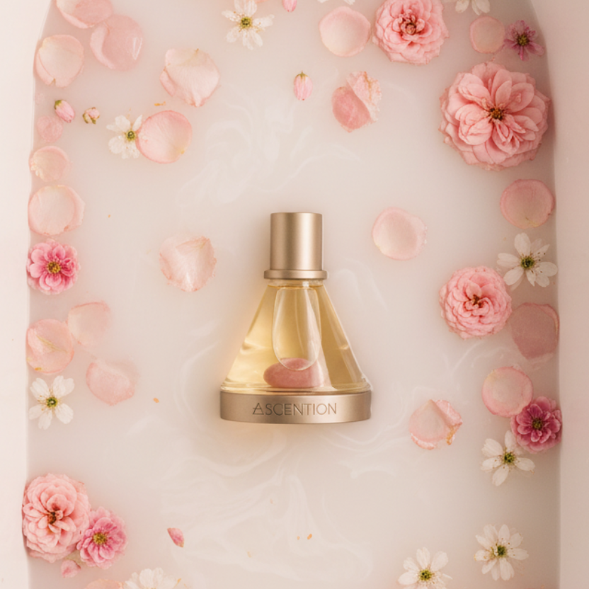 Ascent to Love bottle laying flat in milky rose bath