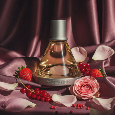Perfume bottle labeled 'Ascention' with strawberries, roses, and red berries on a purple fabric background