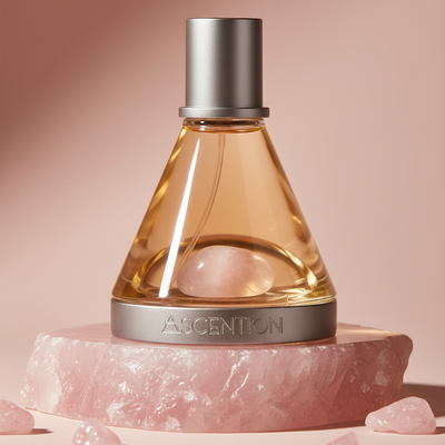 Perfume bottle on a pink platform with 'Ascention' branding against a gradient background
