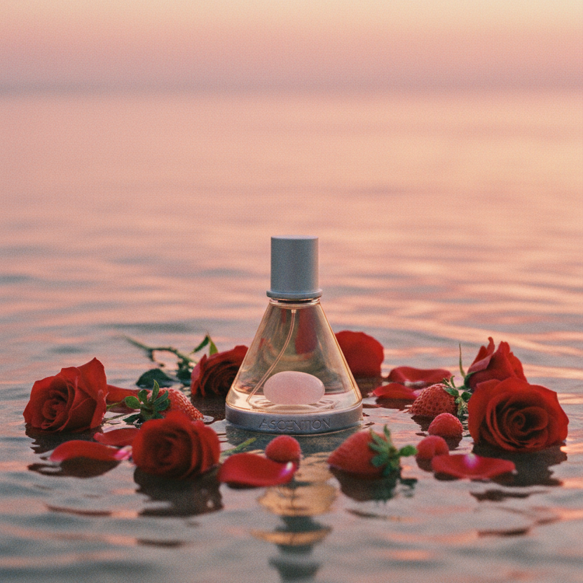 Perfume bottle with red roses on water at sunset