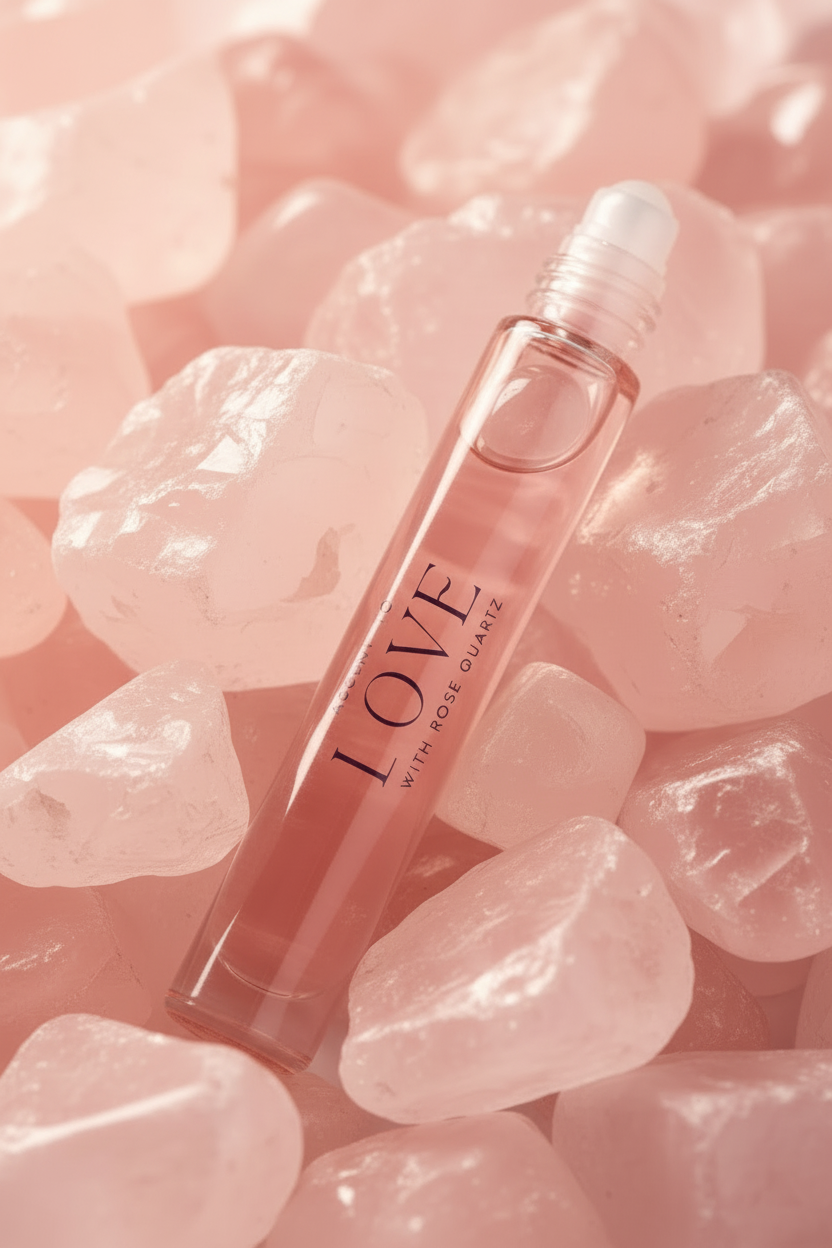 Bottle of 'LOVE' with rose quartz on pink stones
