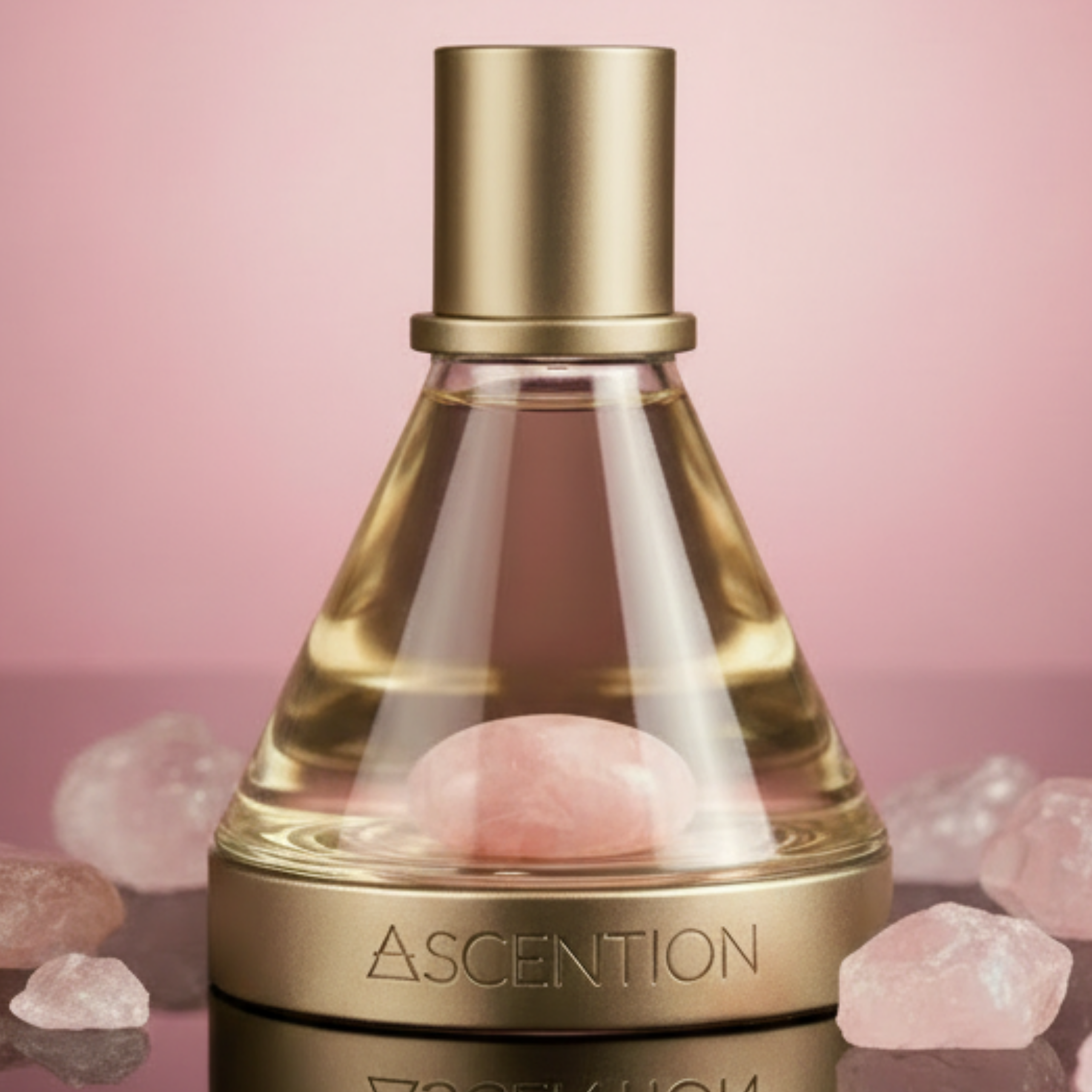 Perfume bottle labeled 'Ascention' with a pink crystal on a reflective surface and pink background