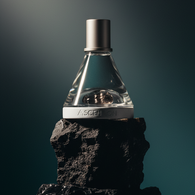 Clear glass bottle with silver cap on a dark rock against a dark background