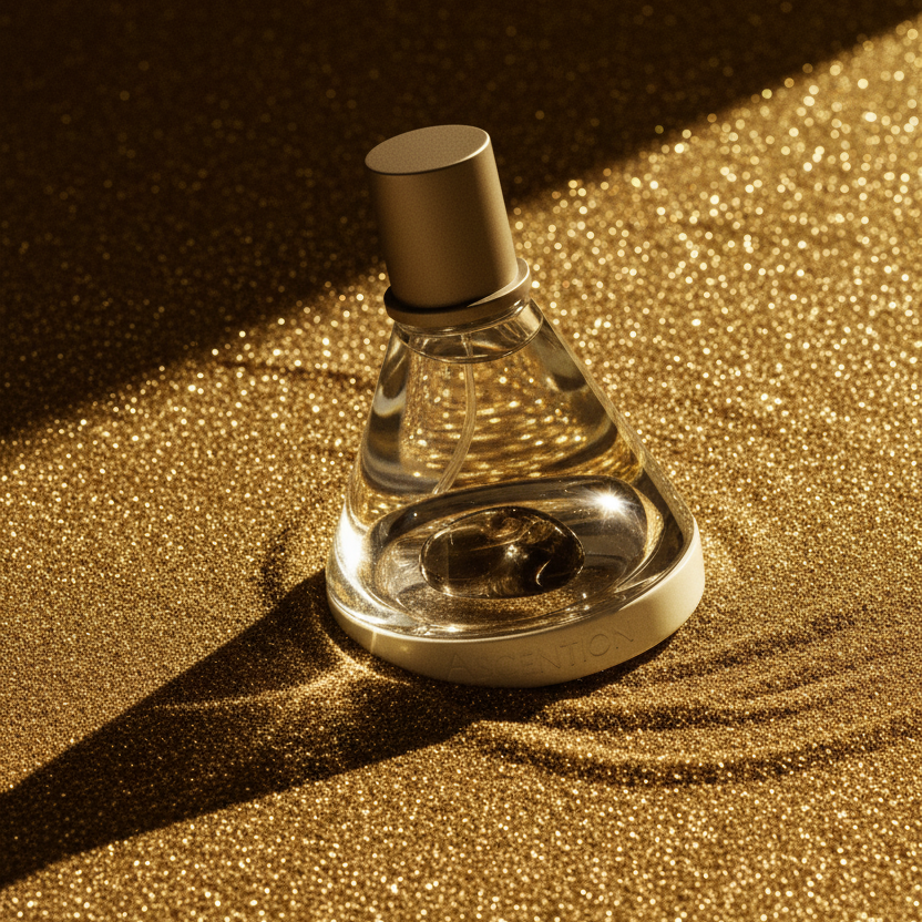 Perfume bottle on a gold glittery surface with a dark background