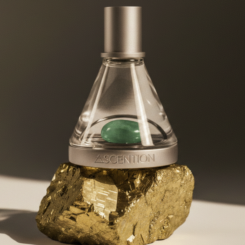 Ascention Bottle on Pyrite Slab — Pewter Background
