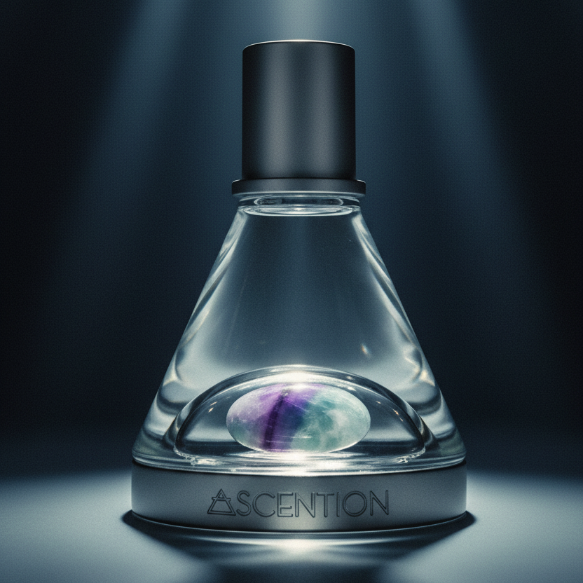 Clear glass bottle with a dark cap labeled 'Ascension' on a dark background