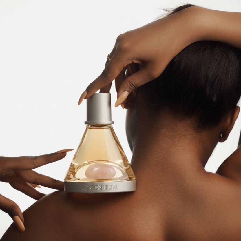 Ascent to Love Perfume bottle being applied to a person's back with a neutral background