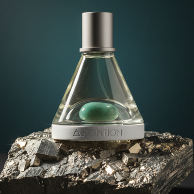 Perfume bottle with a green gemstone on a rocky base against a dark background