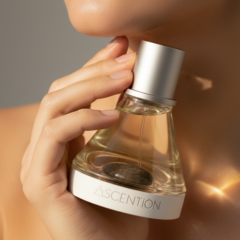 Hand holding a perfume bottle labeled 'Ascention' against a neutral background