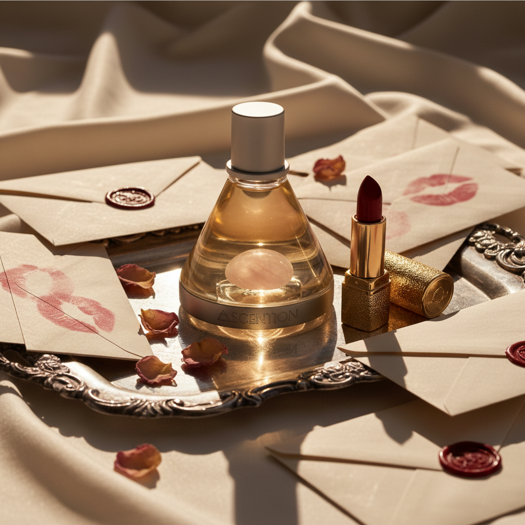 Ascent to Love Perfume bottle and lipstick on a decorative tray with rose petals and envelopes.