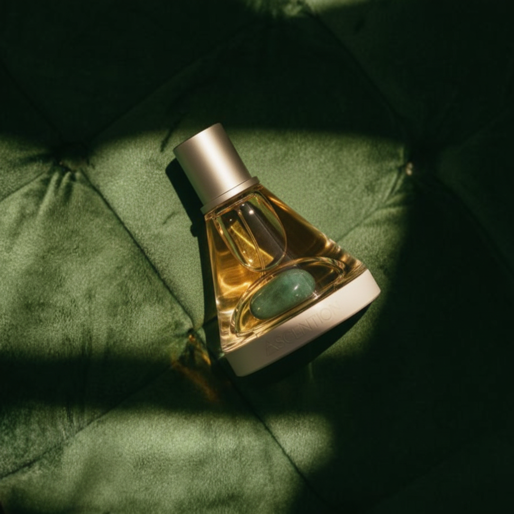 Ascention- Ascent to Prosperity Perfume bottle with a green gemstone on a green fabric background