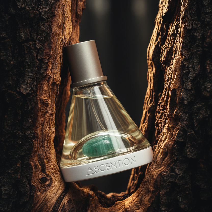Perfume bottle labeled 'Ascention' embedded in a tree trunk