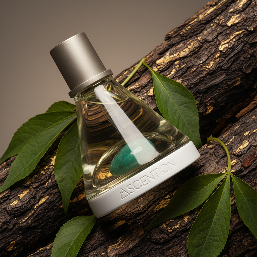 Perfume bottle labeled 'Ascention' on a wooden surface with leaves