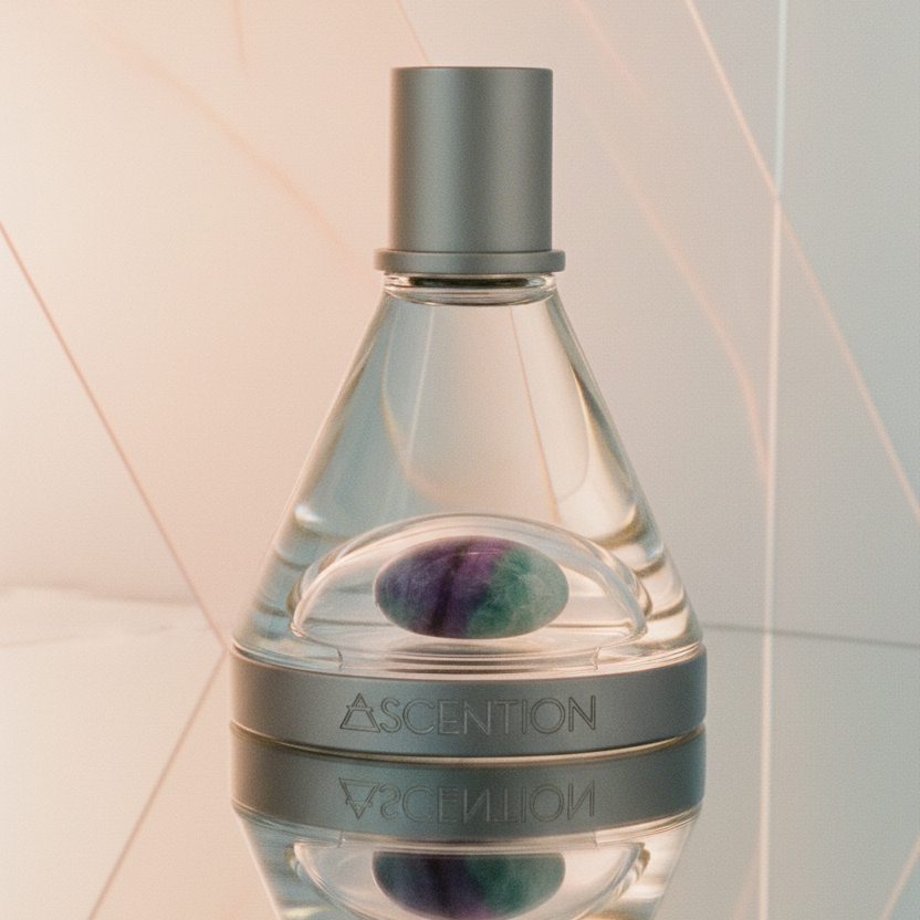 Perfume bottle with 'Ascention' branding on a light geometric background