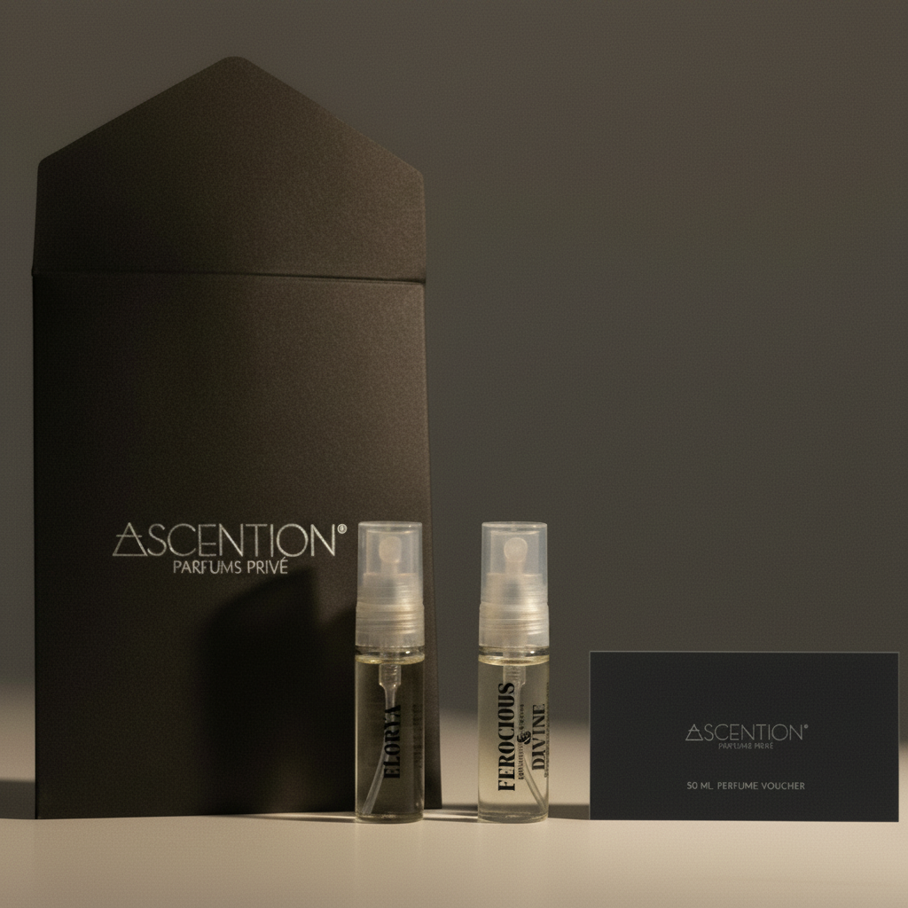 A dark matte presentation box labeled ASCENTION PARFUMS PRÍVE stands beside two small clear spray vials and a matching dark card, all on a light surface against a dark gray studio background.