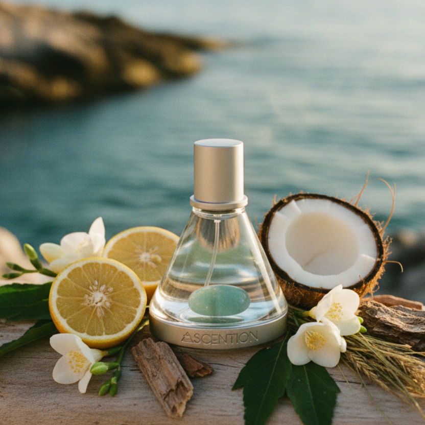 A clear glass perfume bottle with a silver cap sits on a driftwood log outdoors by the ocean, styled with lemon slices, white flowers, a halved coconut, green leaves, and small pieces of wood.