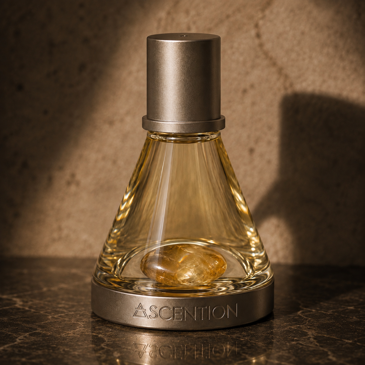A bottle of Ascention fragrance with a clear glass body, amber liquid, and a metallic silver cap and base, set on a dark marble surface against a textured warm brown background.