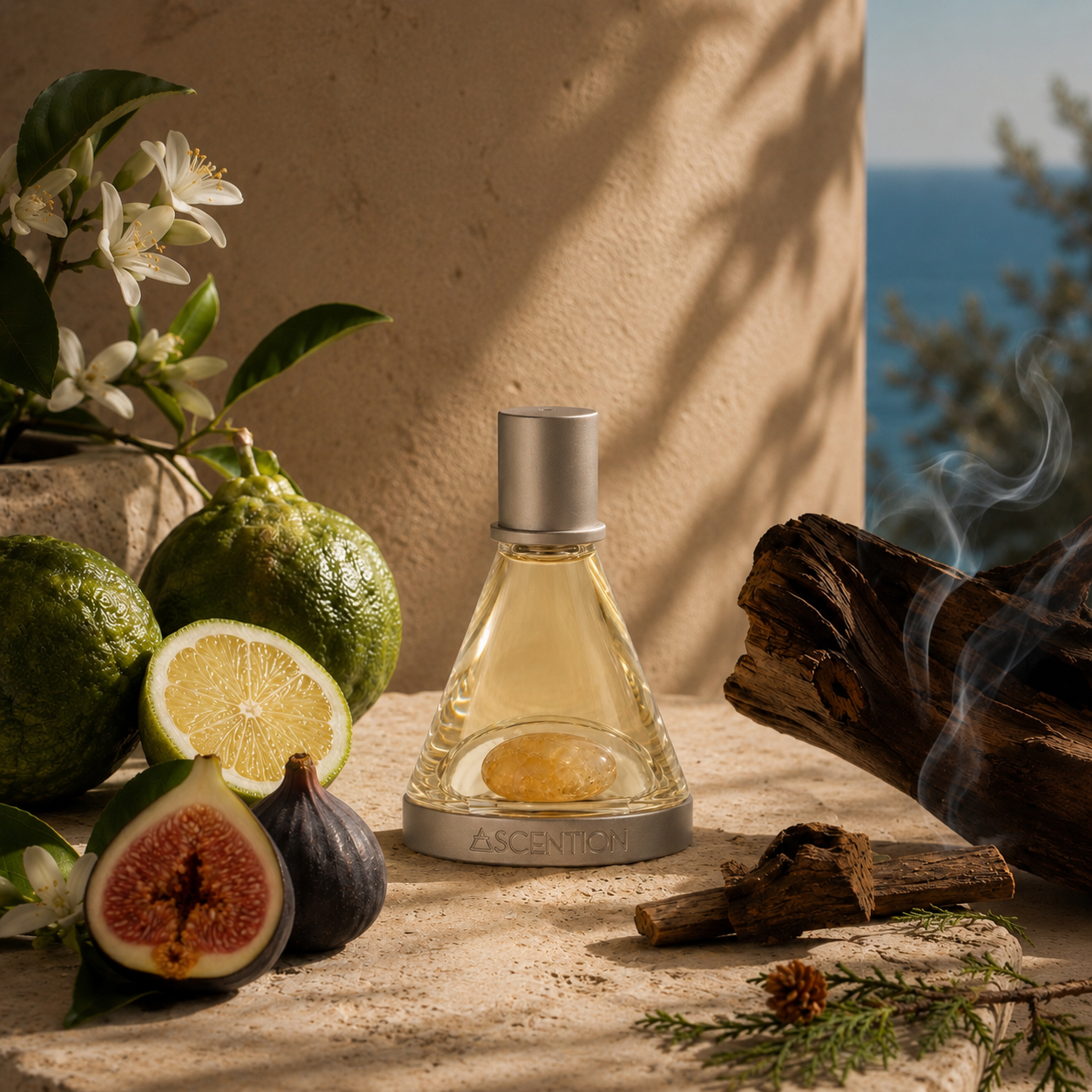 A clear glass perfume bottle with a silver cap and base, filled with pale golden liquid, set on a stone surface with citrus, figs, wood, and a smoky background. The bottle is labeled ASCENTION.