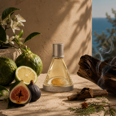 A clear glass perfume bottle with a silver cap and base, filled with pale golden liquid, set on a stone surface with citrus, figs, wood, and a smoky background. The bottle is labeled ASCENTION.