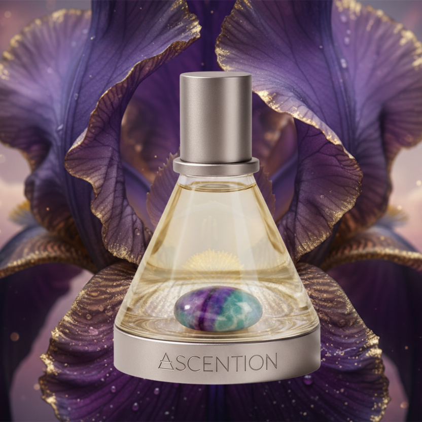 Perfume bottle labeled 'Ascention' with a mystical design on a purple floral background