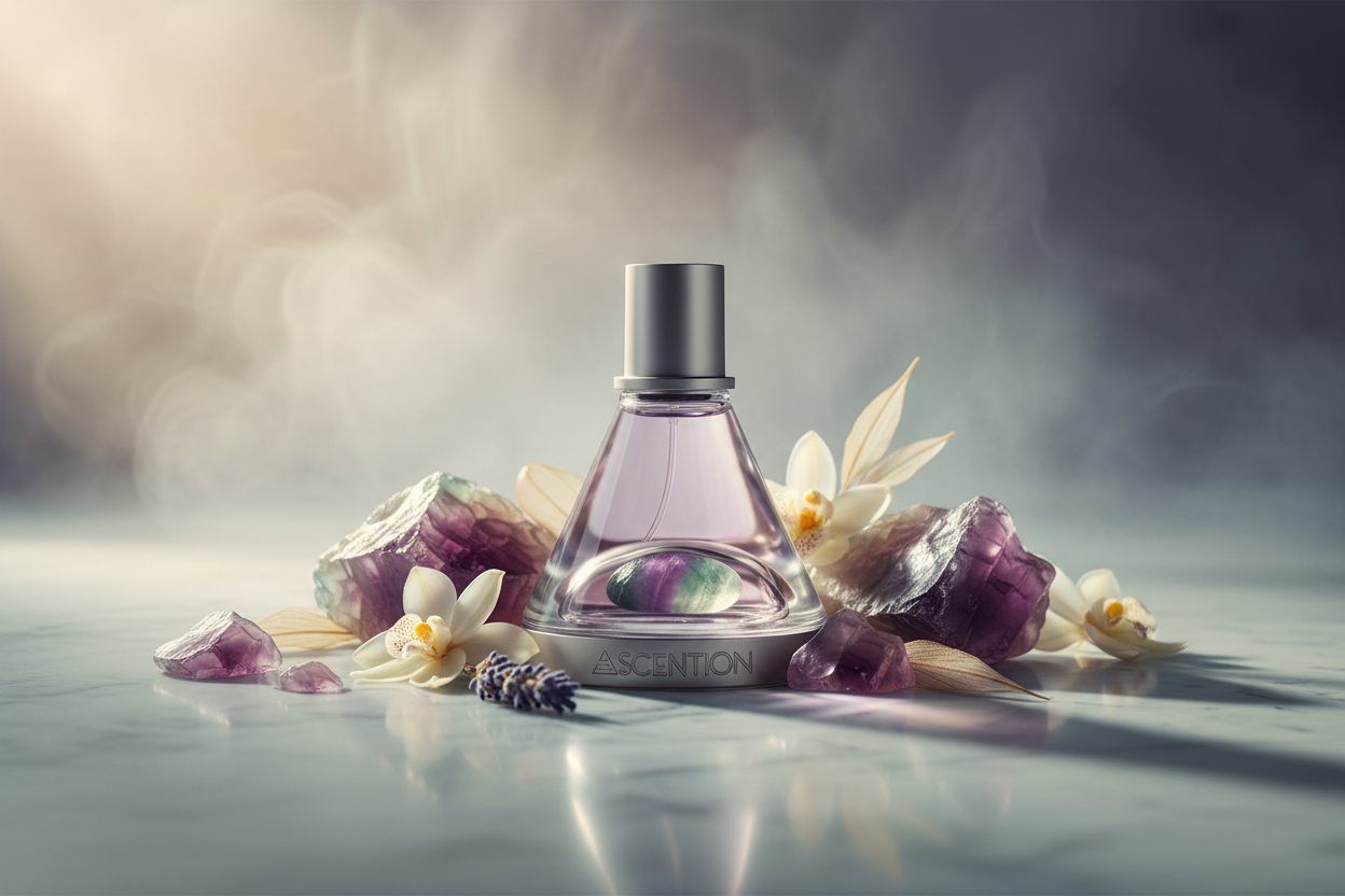 Perfume bottle with flowers and crystals on a reflective surface