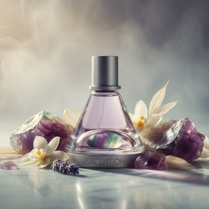 Perfume bottle with flowers and crystals on a reflective surface