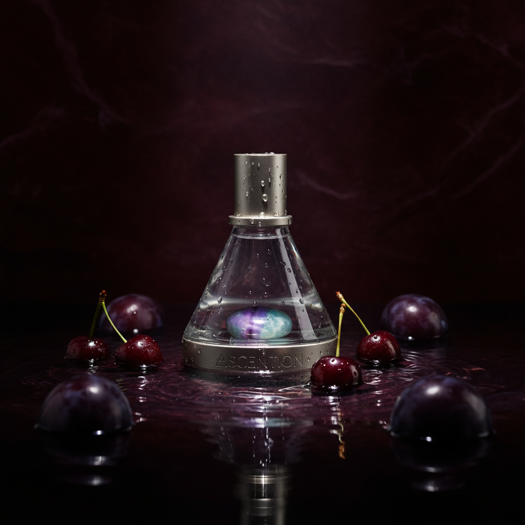 Elorya in moody water with plums and cherries