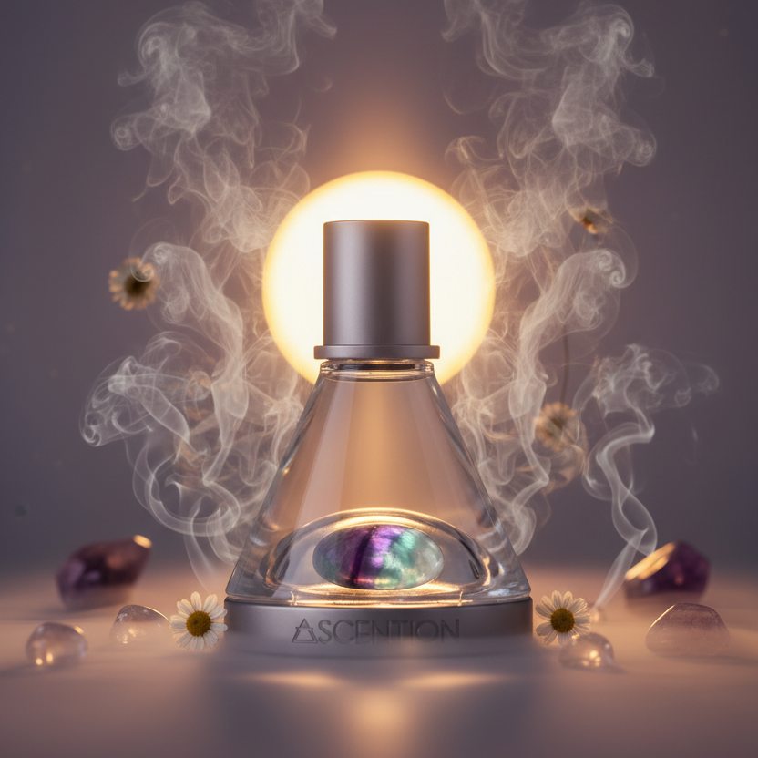 Perfume bottle with smoke and light effects on a dark background