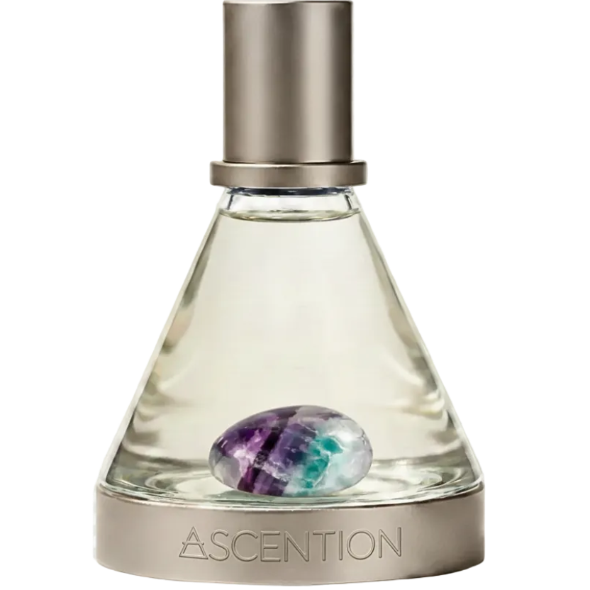 Perfume bottle labeled 'Ascension' with a gemstone on a transparent background