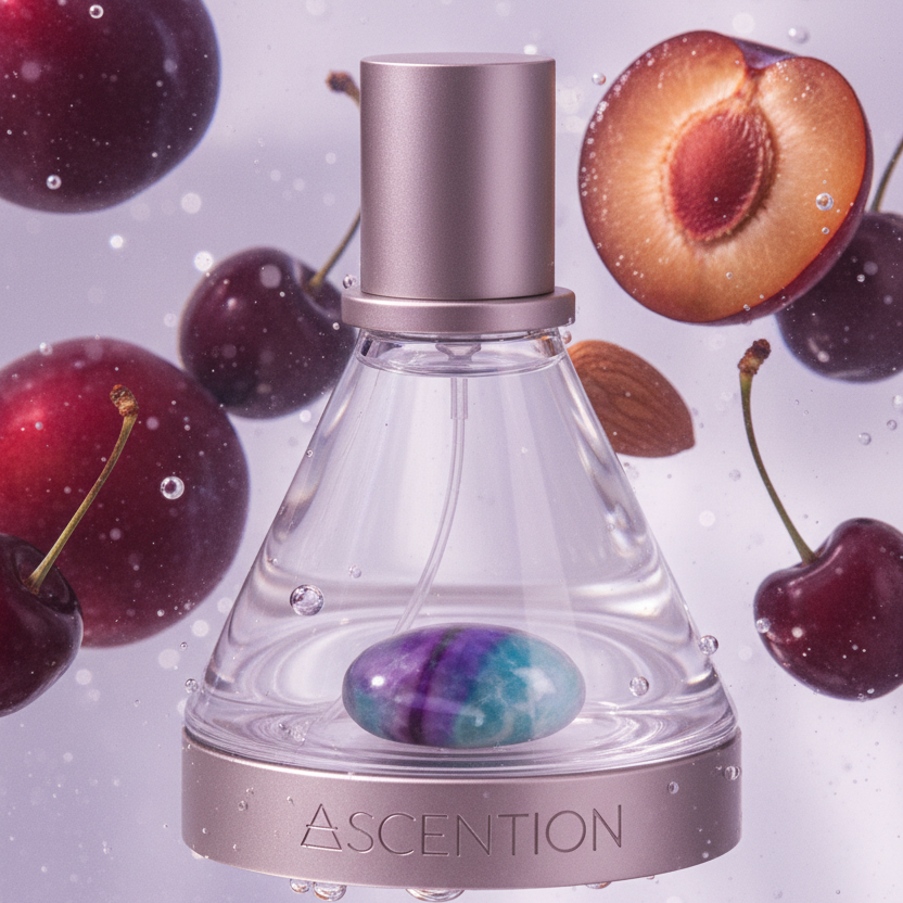 Perfume bottle labeled 'Ascention' with fruits and nuts in the background