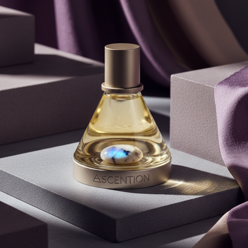 Perfume bottle labeled 'Ascension' on a gray surface with a purple curtain background