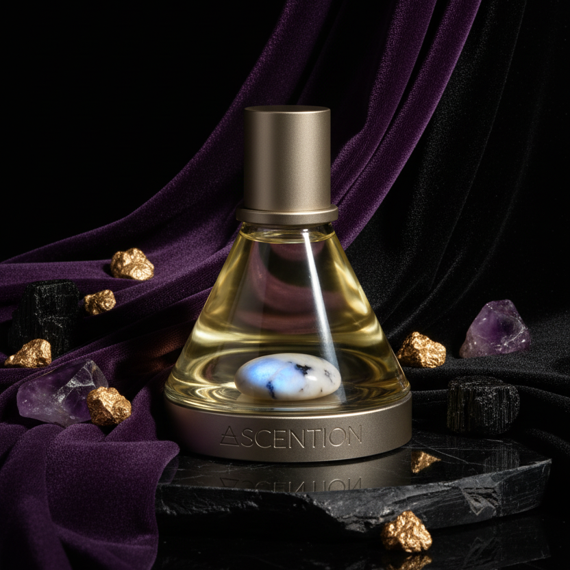 Glass bottle with metallic cap on a dark surface with purple fabric and crystals,  Ascention Parfums Ascent to enchant