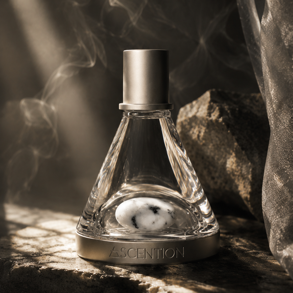 A clear glass perfume bottle with a silver cap and base, labeled ASCENTION, set on a textured stone surface with dramatic light rays and smoke in a dark, moody setting.