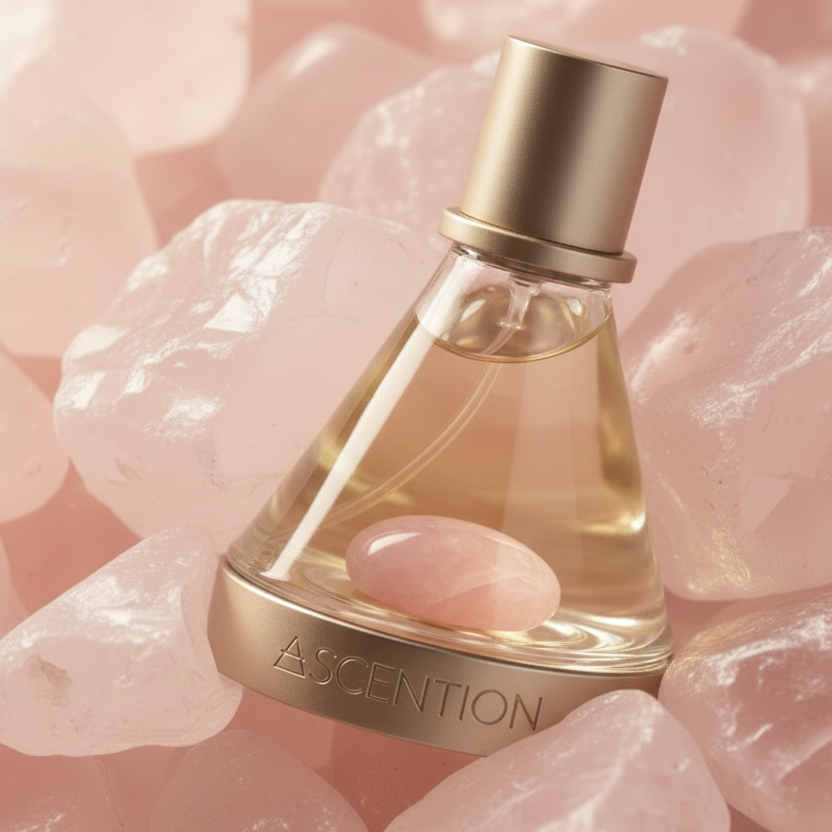 Perfume bottle labeled 'Ascention' on pink stones- Ascent to love imbued with rose quartz perfume 