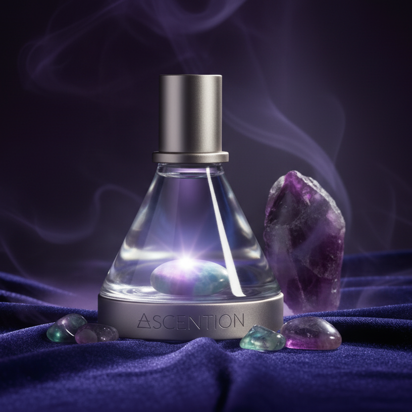 Fragrance bottle with crystals and smoke on a dark background