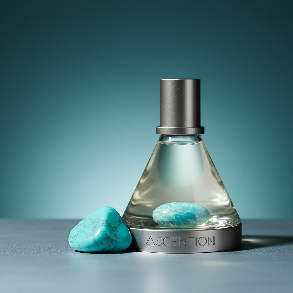 Perfume bottle labeled 'Ascension' with two turquoise stones on a gradient blue background