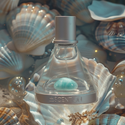 Perfume bottle with 'ASCENTION' branding on a background of seashells and pearls- ASCENT TO INSPIRE