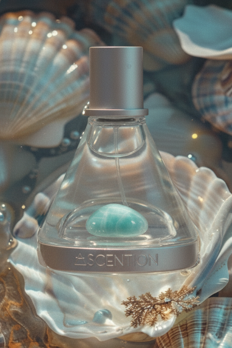 Perfume bottle with 'ASCENTION' branding on a background of seashells and pearls. ASCENT TO INSPIRE PERFUME