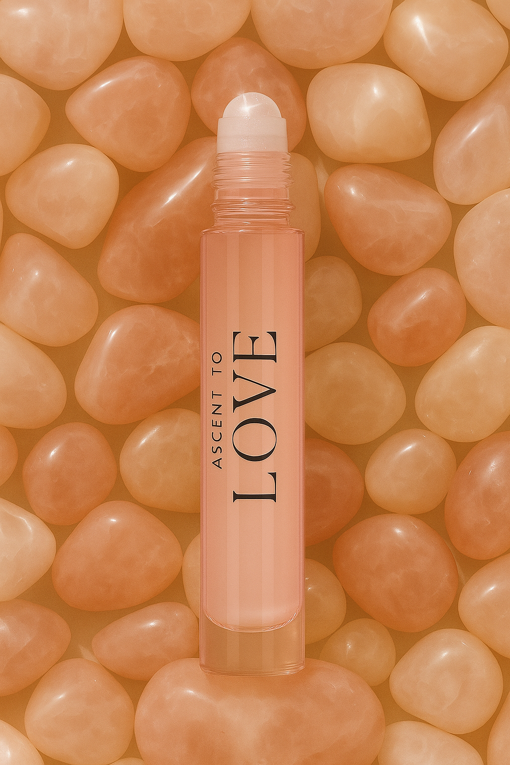 Roll-on bottle labeled 'Ascent to Love' on a background of pink-colored stones