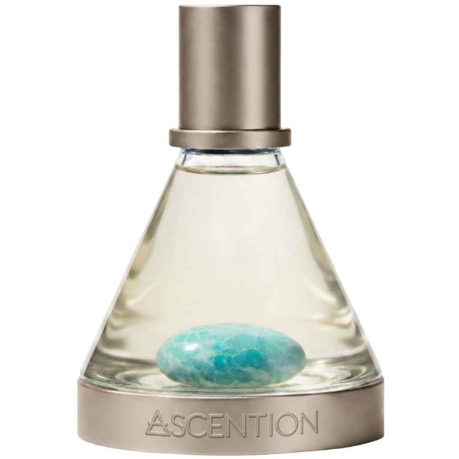 Perfume bottle with a metallic cap and clear body, featuring the brand 'Ascention'. Ascent to Inspire