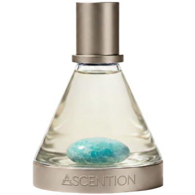 Perfume bottle with a metallic cap and clear body, featuring the brand 'Ascention'. Ascent to Inspire